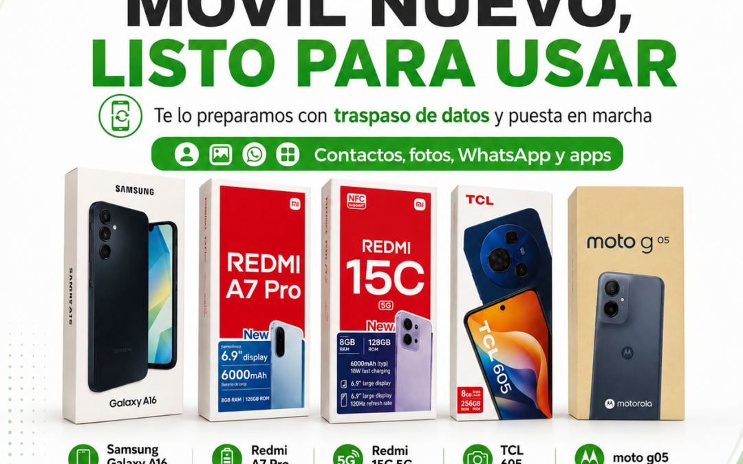 Cartel de móviles nuevos en Grupo JAVA Innovación con servicio de traspaso de datos y configuración lista para usar.