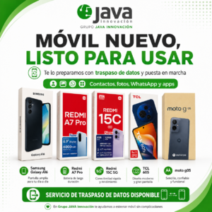 Cartel de móviles nuevos en Grupo JAVA Innovación con servicio de traspaso de datos y configuración lista para usar.