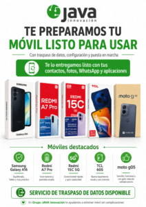 Cartel promocional de Grupo JAVA Innovación sobre móviles nuevos listos para usar, con servicio de traspaso de datos, configuración inicial, contactos, fotos, WhatsApp y aplicaciones.