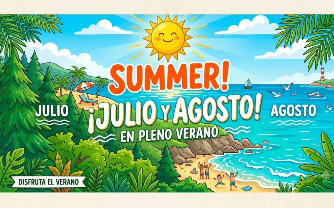Cartel ilustrado de verano con playa, mar, sol y vegetación, anunciando julio y agosto en pleno verano.