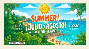 Cartel ilustrado de verano con playa, mar, sol y vegetación, anunciando julio y agosto en pleno verano.