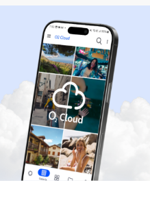 App O2 Cloud en un móvil mostrando fotos guardadas con 10TB de almacenamiento gratis