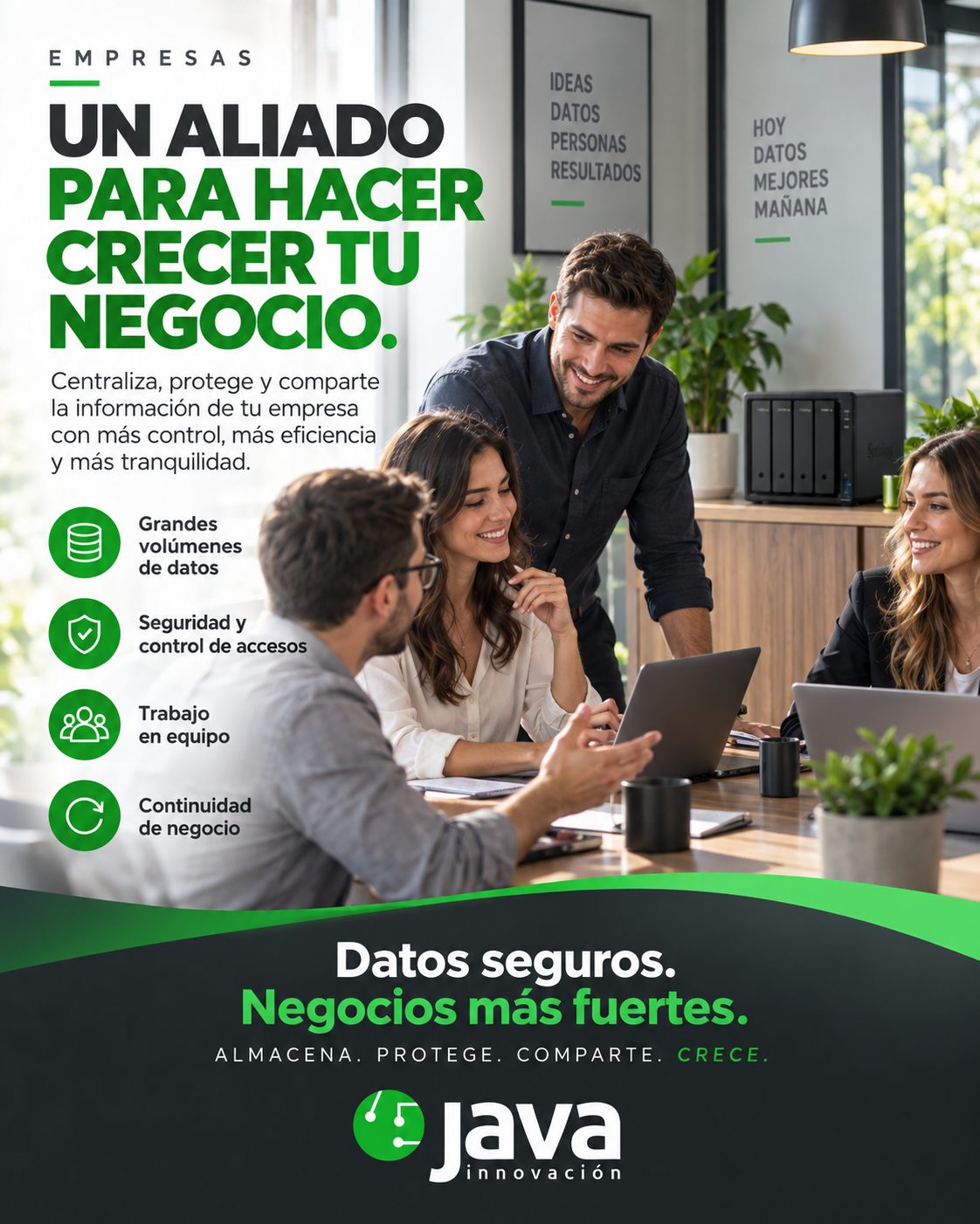 NAS de almacenamiento en red en una oficina para centralizar y proteger archivos de empresa.