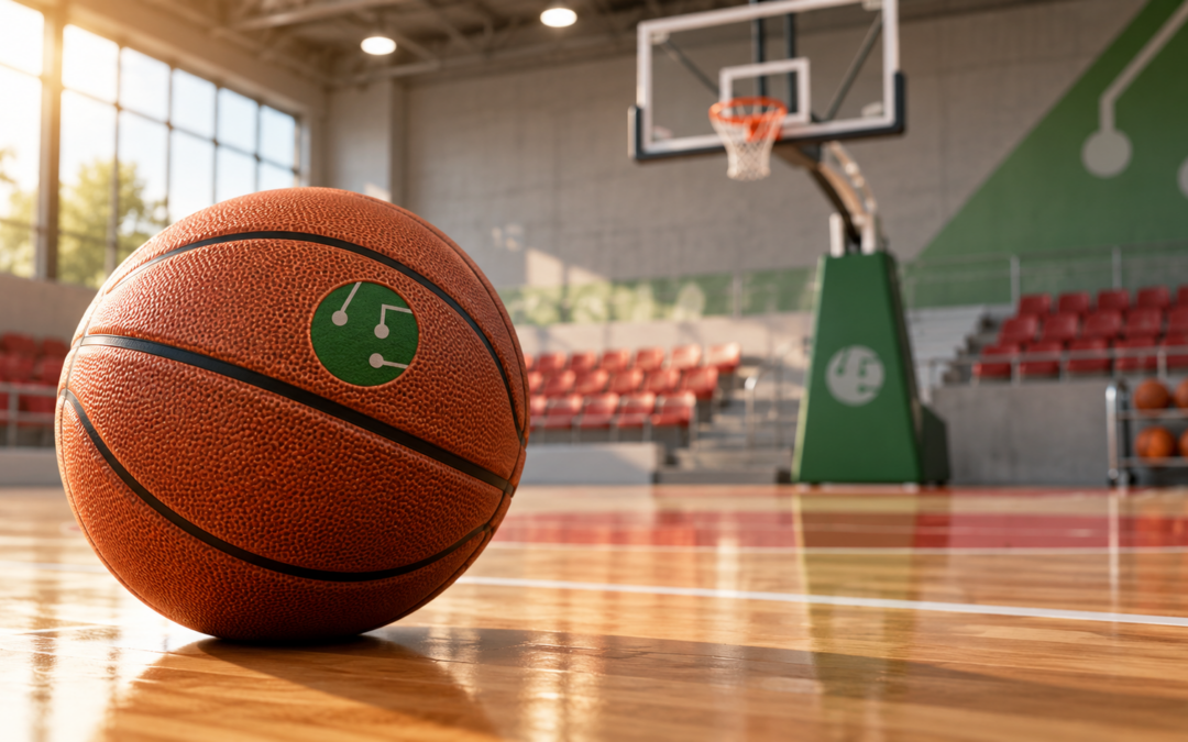 Balón de baloncesto con el símbolo de JAVA Innovación en una pista, imagen de campaña del patrocinio al CB Zuera