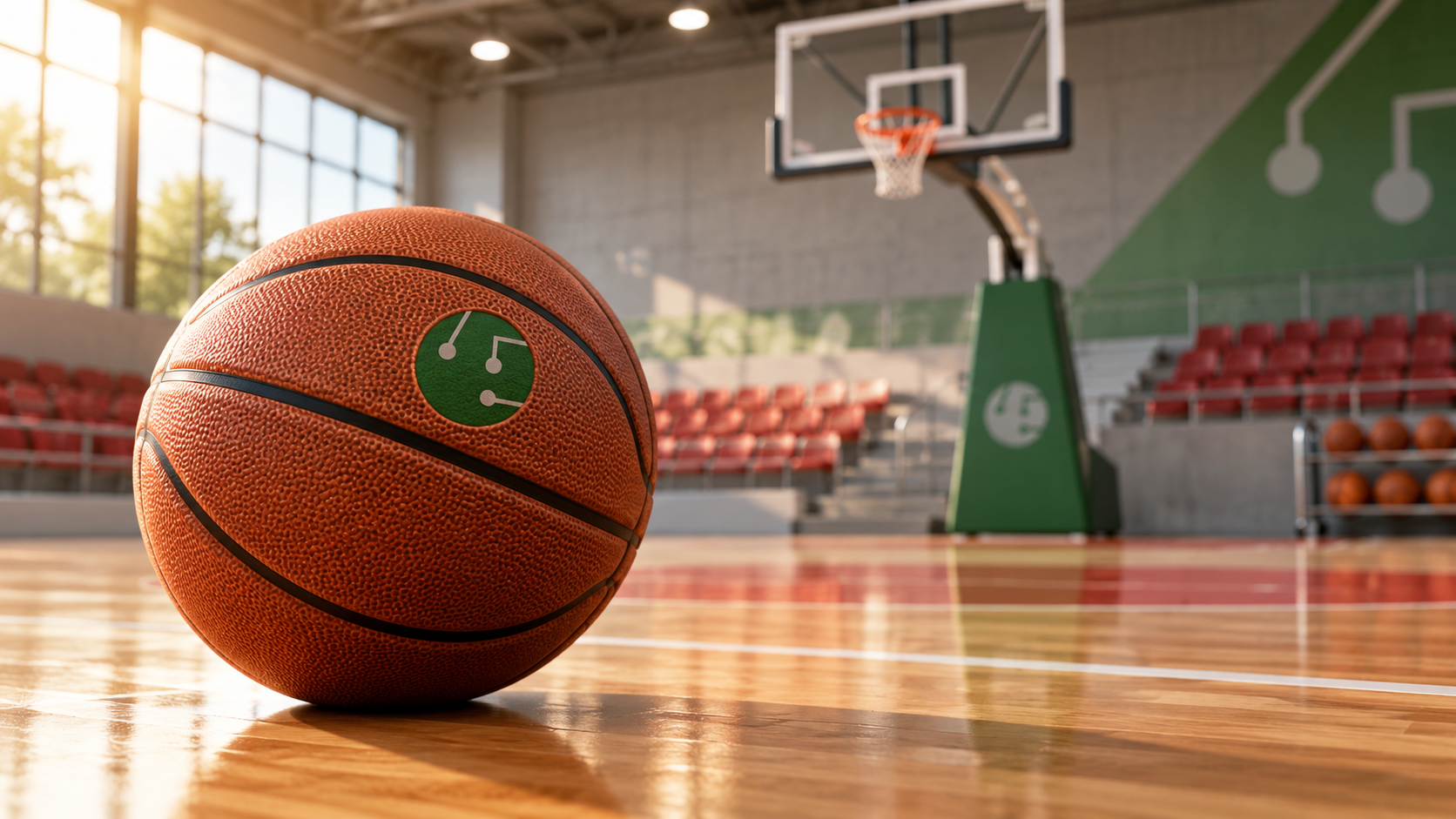 Balón de baloncesto con el símbolo de JAVA Innovación en una pista, imagen de campaña del patrocinio al CB Zuera