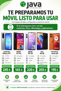 Cartel de nuevos móviles en JAVA Innovación: Samsung Galaxy A17, Redmi A7 Pro, Redmi 15C 5G, TCL 60 SE y Motorola moto g15, con precios desde 165 €.