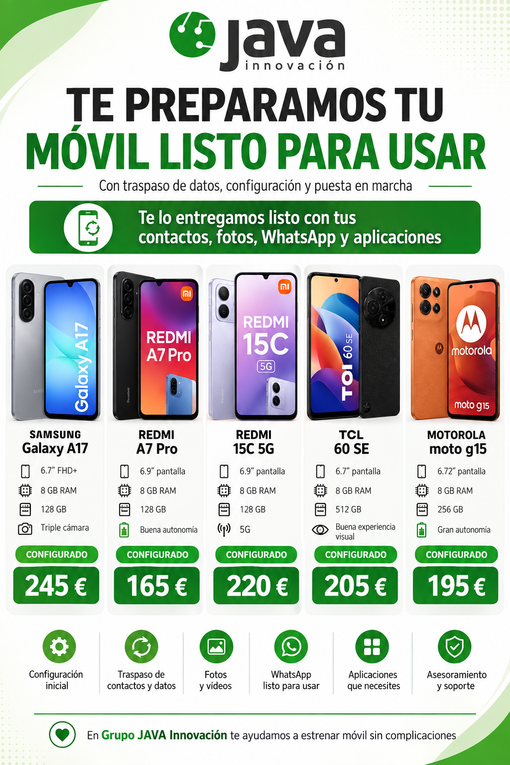 Cartel de nuevos móviles en JAVA Innovación: Samsung Galaxy A17, Redmi A7 Pro, Redmi 15C 5G, TCL 60 SE y Motorola moto g15, con precios desde 165 €.
