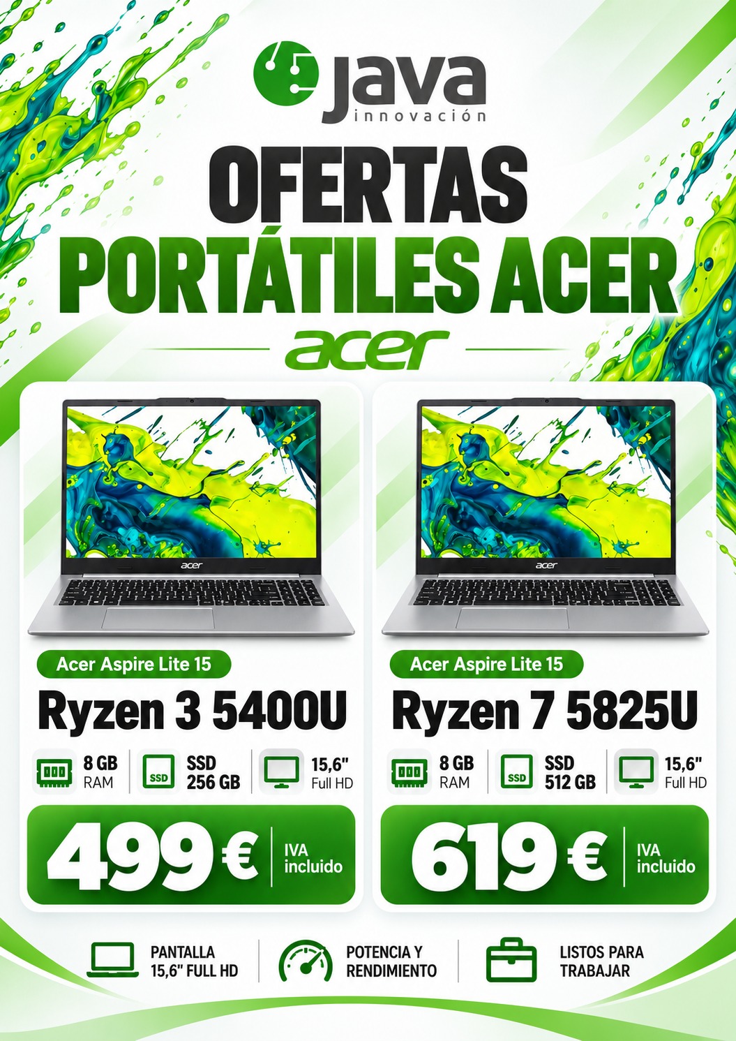 Acer Aspire Lite 15: Ryzen 3 con 8 GB y SSD de 256 GB a 499 euros; Ryzen 7 con 8 GB y SSD de 512 GB a 619 euros, IVA incluido