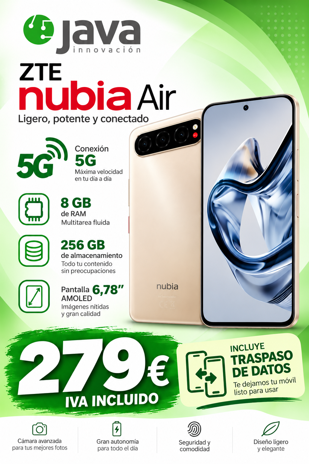nubia Air 5G dorado, 8 GB de RAM y 256 GB, por 279 euros con IVA y traspaso de datos en JAVA Innovación