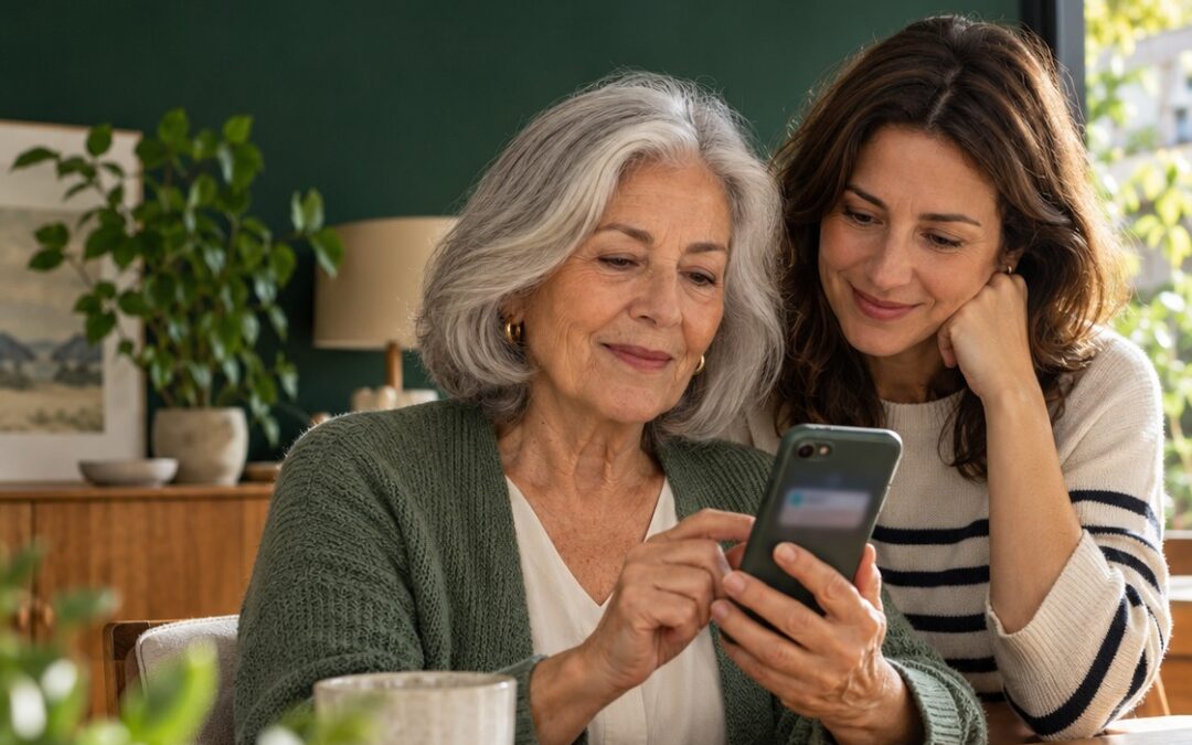 Una mujer mayor utiliza el móvil acompañada: autonomía y confianza digital.