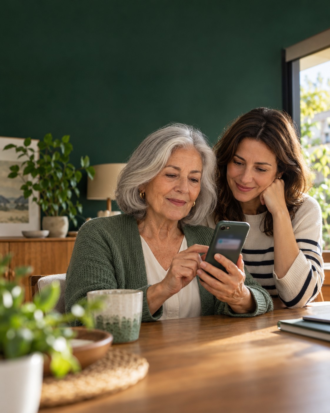Una mujer mayor utiliza el móvil acompañada: autonomía y confianza digital.